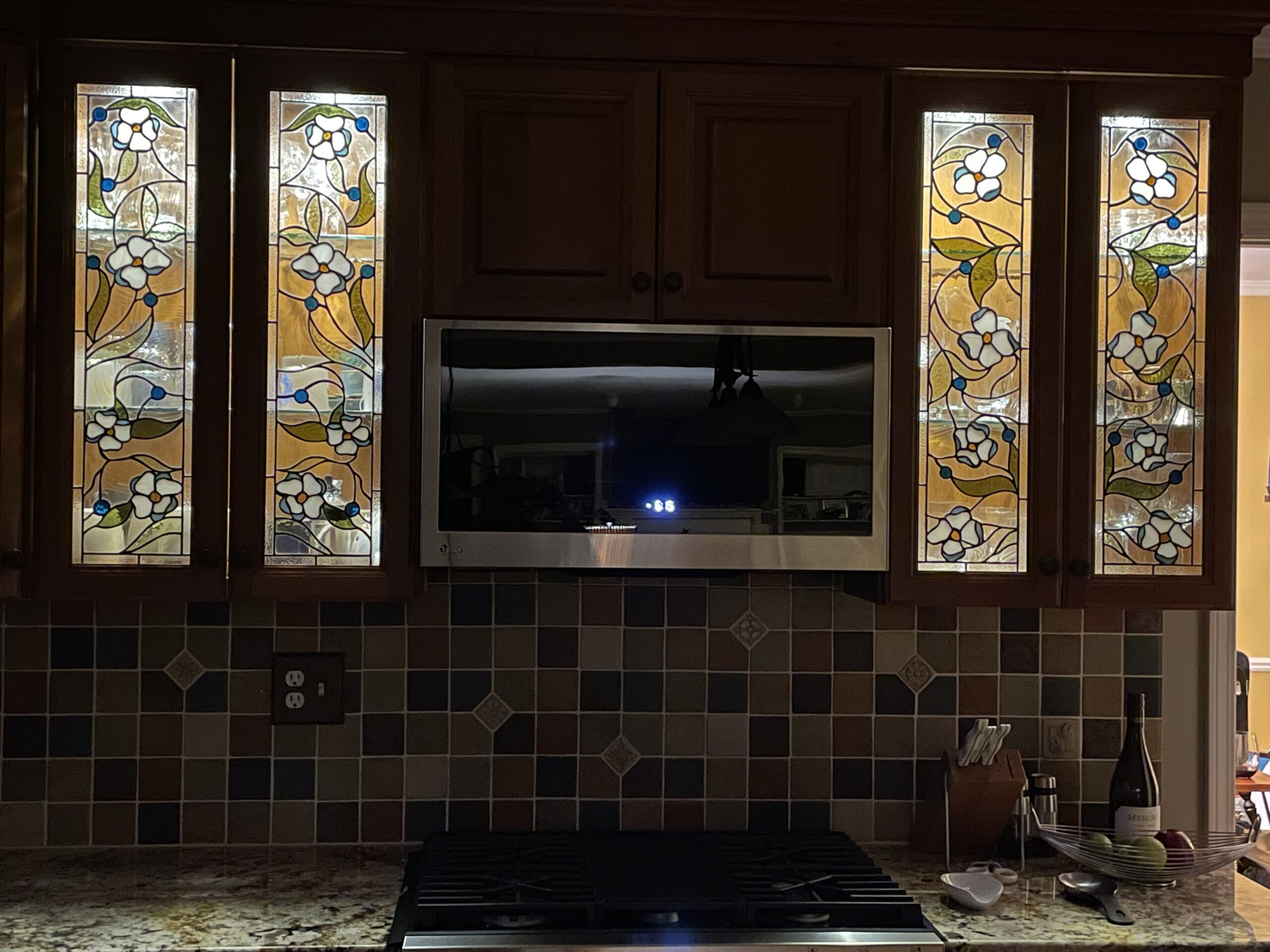 Symmetrical Floral with White Blossoms and Luminous Blue Berries Stained Glass Kitchen Cabinet Insert Window Panels CI-91 - Image 2