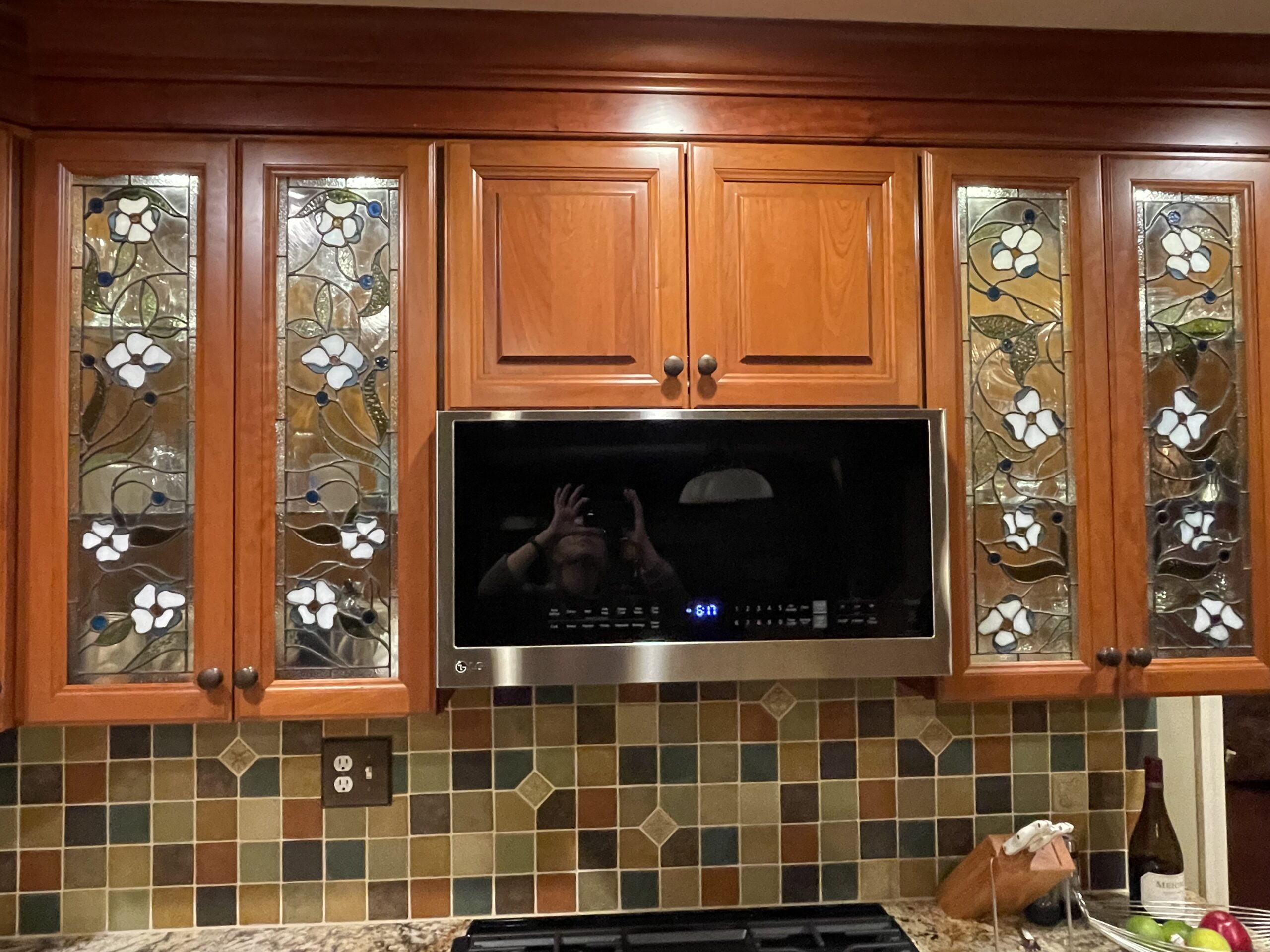 Symmetrical Floral with White Blossoms and Luminous Blue Berries Stained Glass Kitchen Cabinet Insert Window Panels CI-91 - Image 3