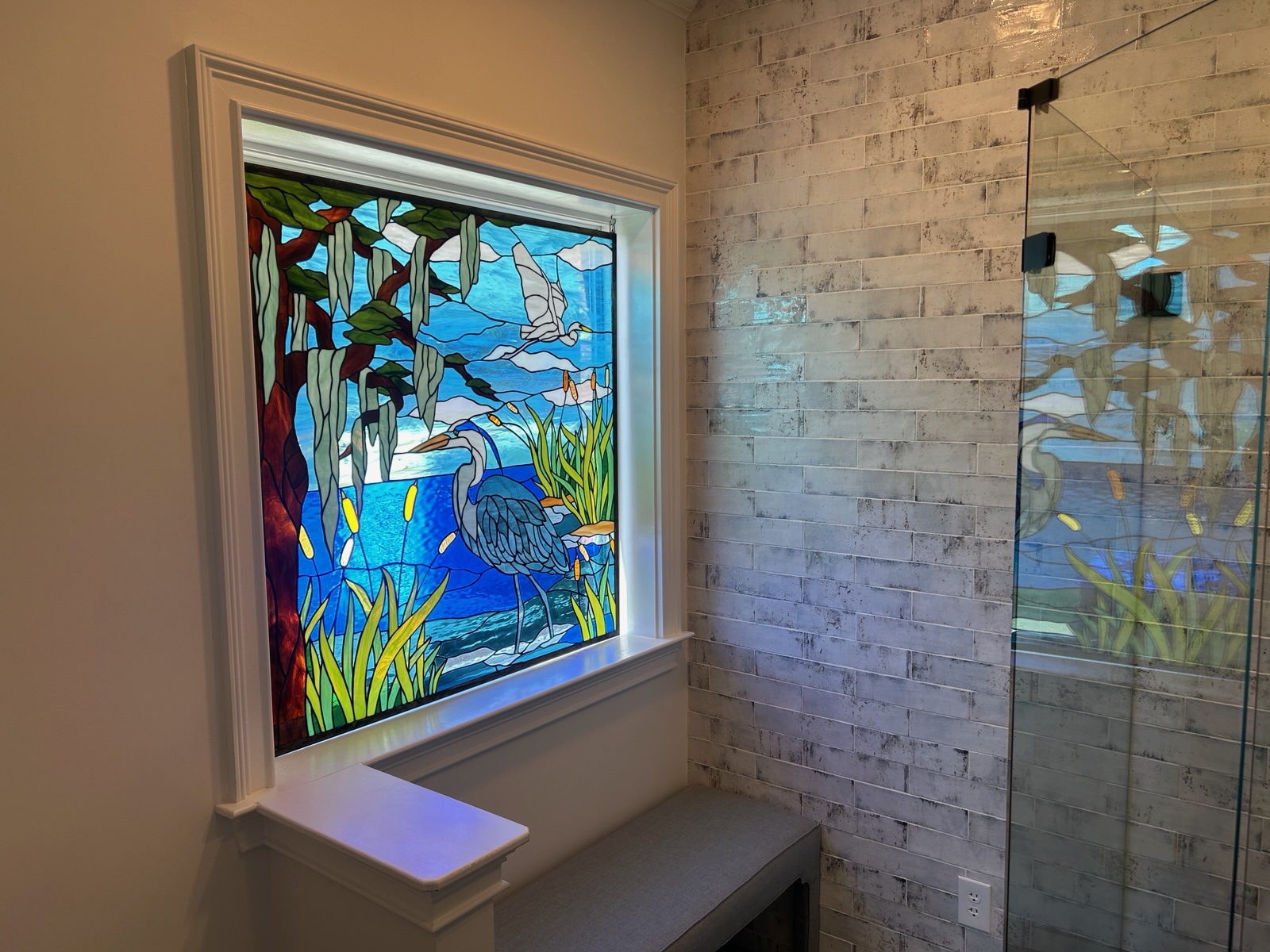 Southern Bayou Serenity: The Blue Heron & Spanish Moss Grand Mural Stained Glass Window Panel P-331 - Image 6