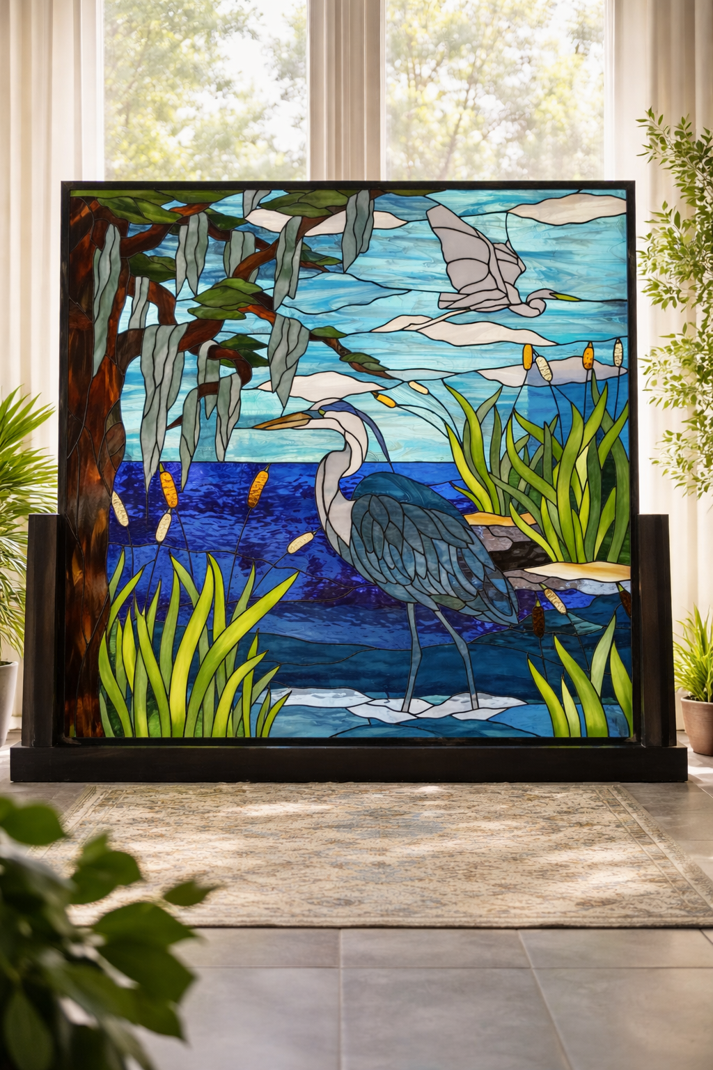 Southern Bayou Serenity: The Blue Heron & Spanish Moss Grand Mural Stained Glass Window Panel P-331 - Image 3