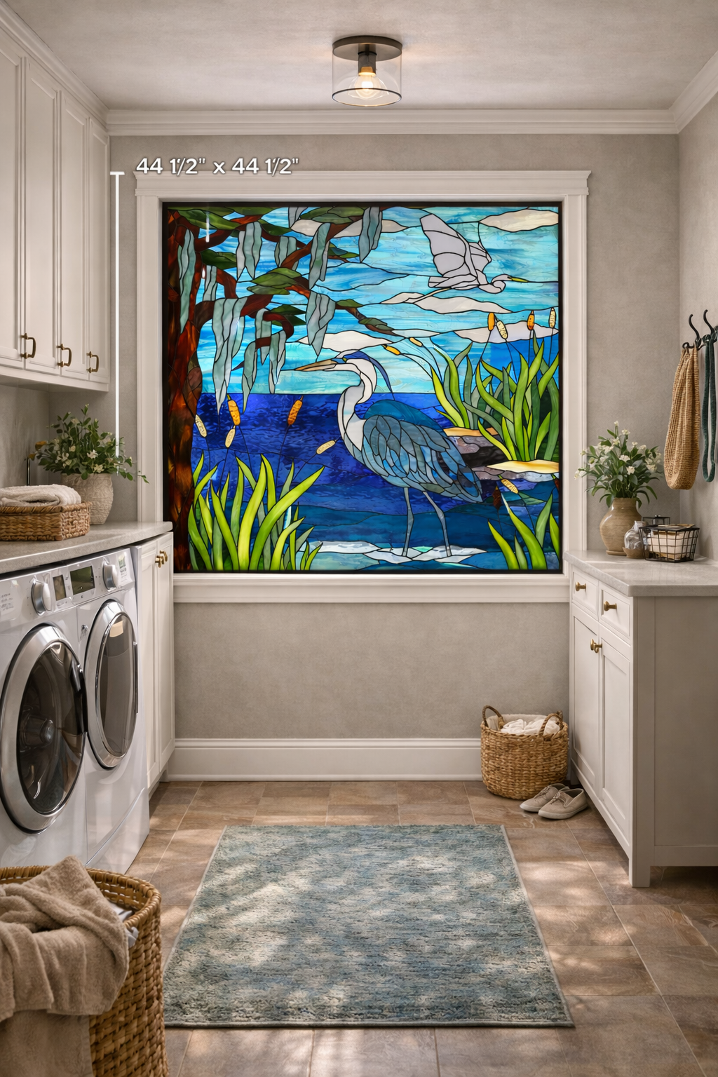 Southern Bayou Serenity: The Blue Heron & Spanish Moss Grand Mural Stained Glass Window Panel P-331 - Image 4