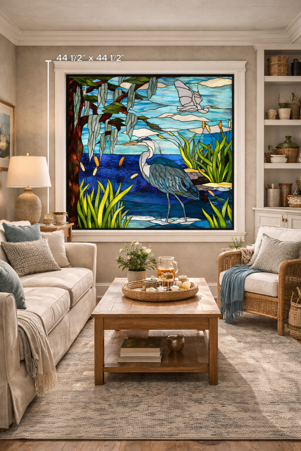 Southern Bayou Serenity: The Blue Heron & Spanish Moss Grand Mural Stained Glass Window Panel P-331