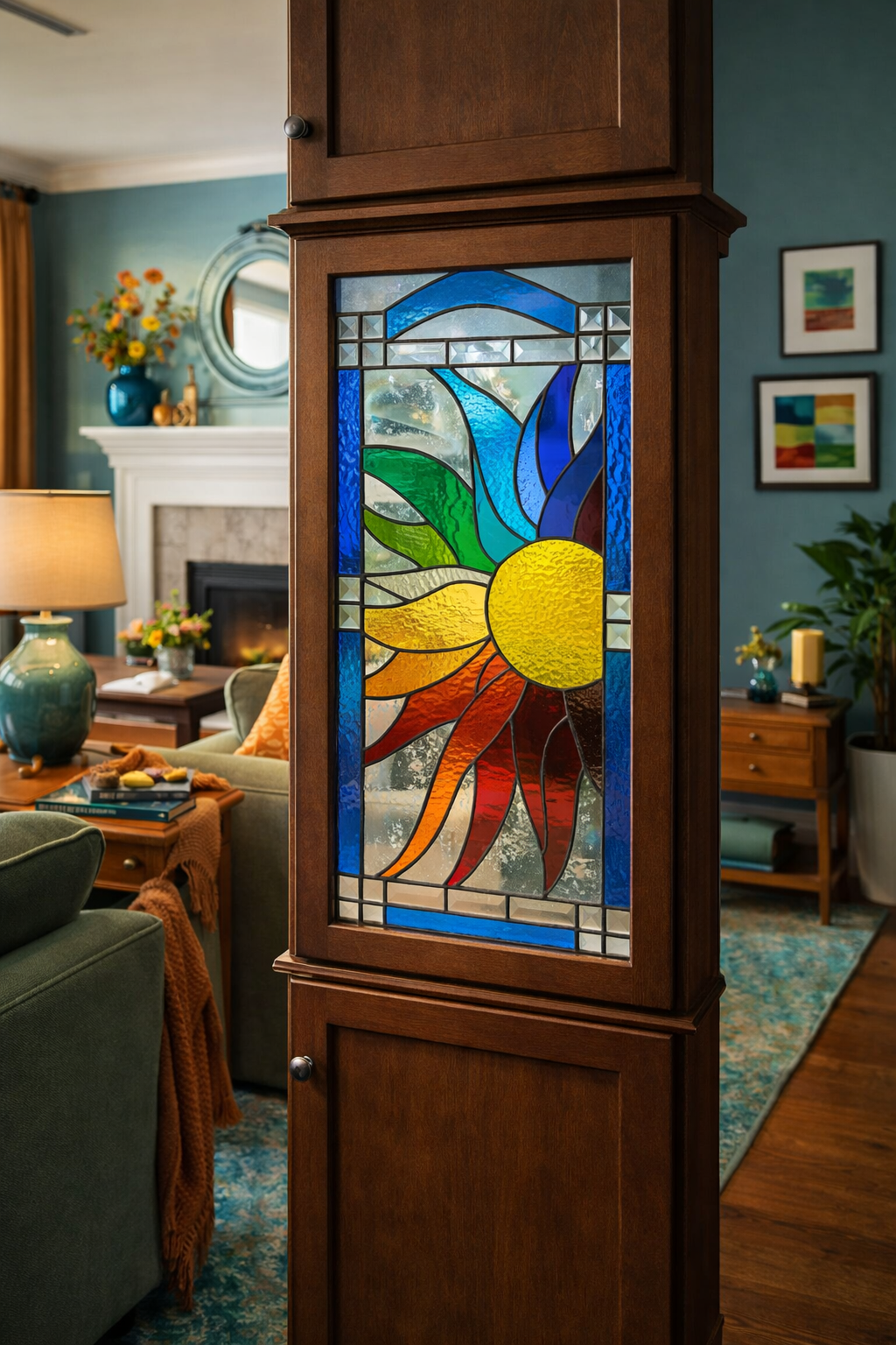 Sunrise in Colors Radiant Spectrum Sunburst Stained Glass Kitchen Cabinet Inserts CI-95
