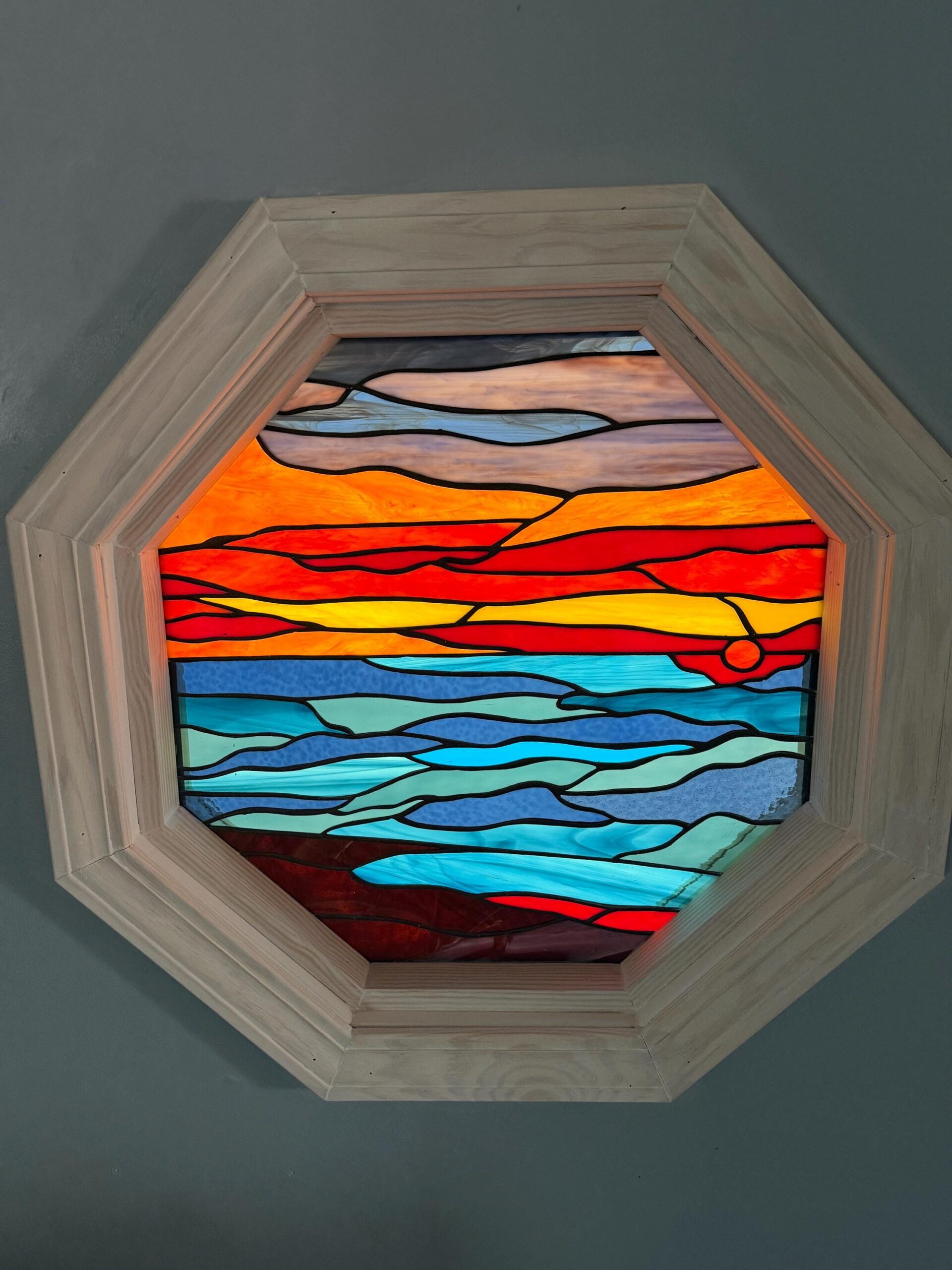 Twilight Horizon: The Octagonal Oceanic Sunset Stained Glass Window W-499 - Image 5
