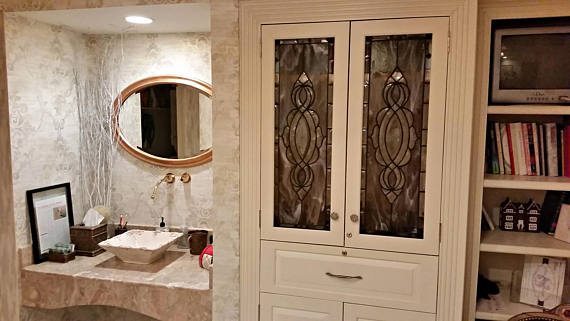 Timeless Symmetry: Beige Opalescent Leaded Stained Glass Cabinet Inserts CI-24 - Image 4