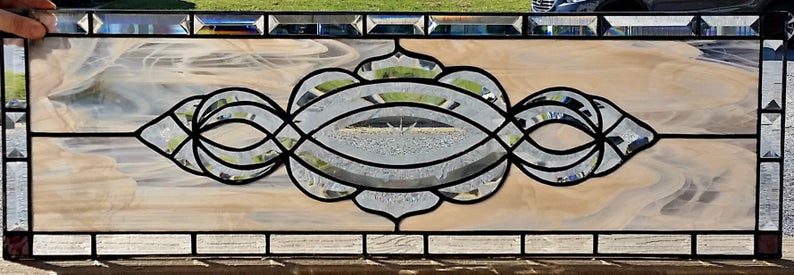 Timeless Symmetry: Beige Opalescent Leaded Stained Glass Cabinet Inserts CI-24 - Image 3