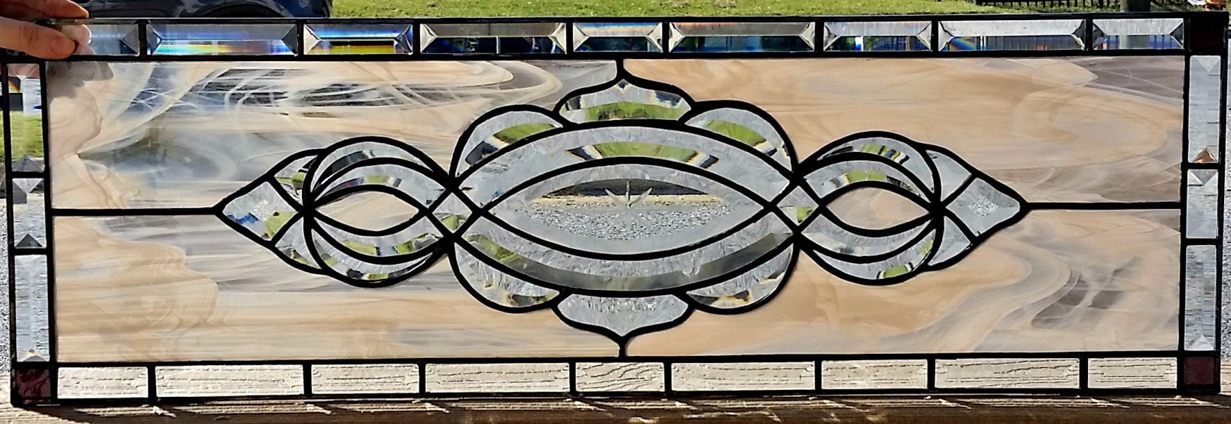 Timeless Symmetry: Beige Opalescent Leaded Stained Glass Cabinet Inserts CI-24 - Image 2