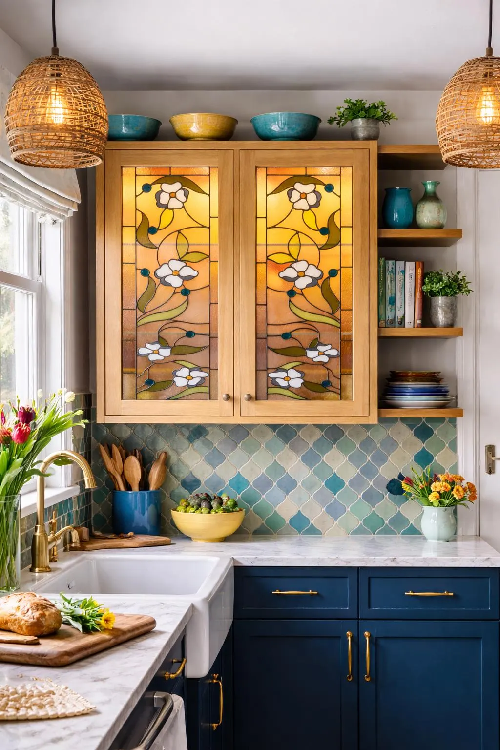 Symmetrical Floral with White Blossoms and Luminous Blue Berries Stained Glass Kitchen Cabinet Insert Window Panels CI-91 - Image 11